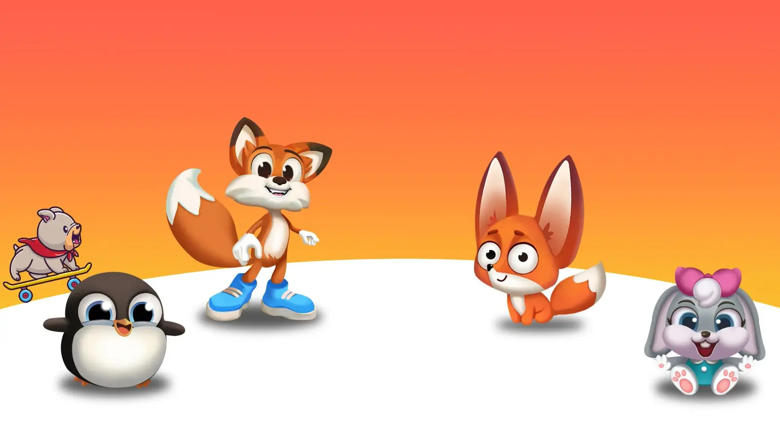 Los personajes de Tumb Games: un zorro con zapatillas azules, una cría de zorro de orejas grandes, un pingüino, un conejo y un bulldog en patineta